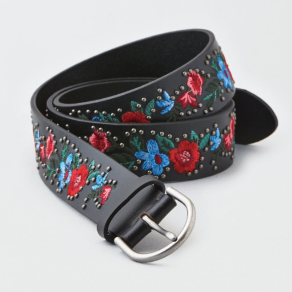 Floral Embroidered & Studded Black Belt